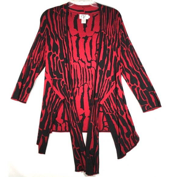 Variations Womens Size Medium Open Front Red Black Light Knit Cardigan Sweater - Picture 2 of 14